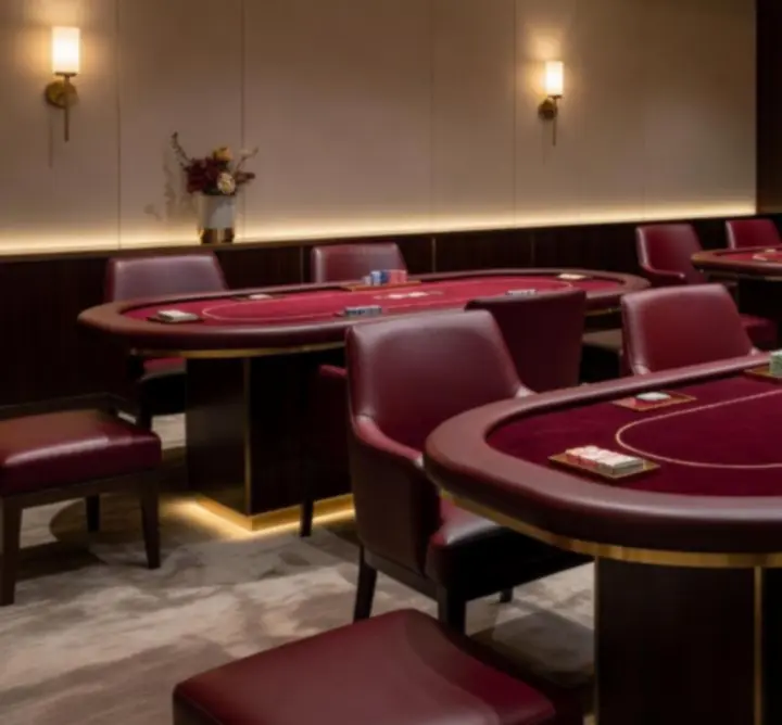 Prémium lounge enteriőr, elegáns pókerasztalokkal és hangulatos megvilágítással Budapesten